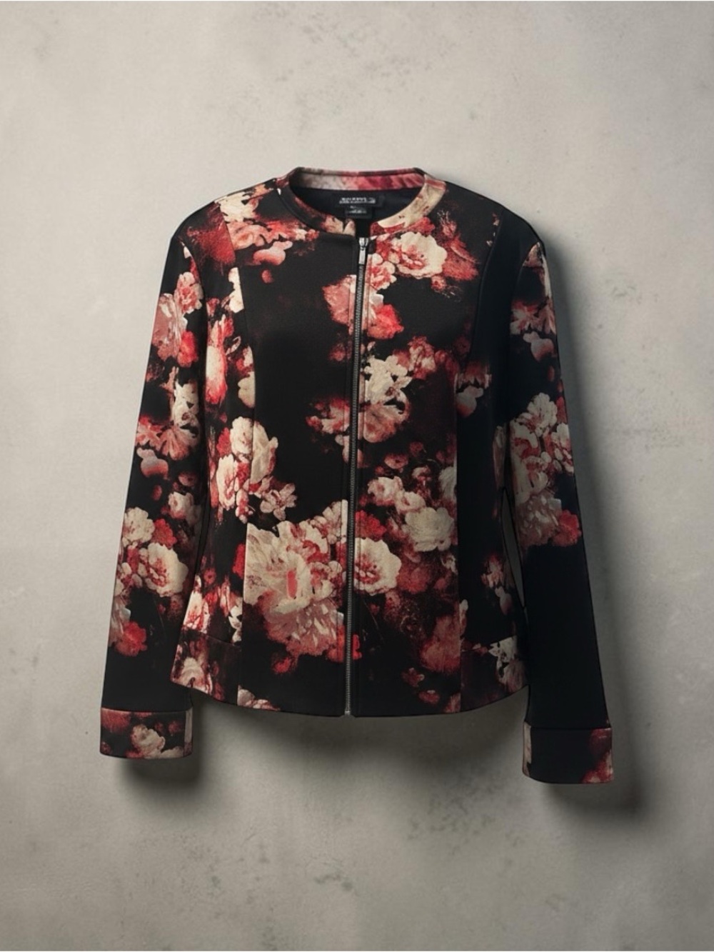 Roz & Ali Black Floral Zip-Front Blazer Jacket XL